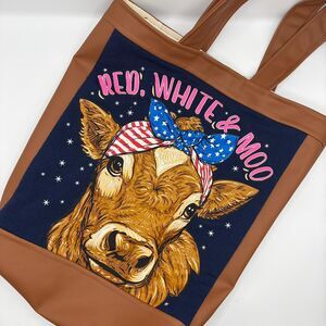 Handmade Tote Bag: Repurposed, Farmhouse Patriotic Cow Cottage Core Library Tote